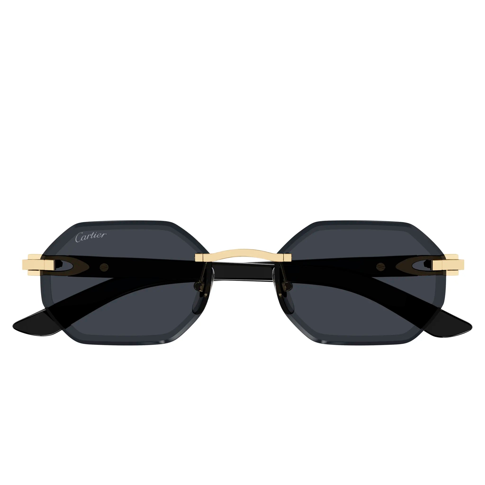 Front view of Cartier Eyewear CT0439S-001 Gold Grey Rimless Sunglasses